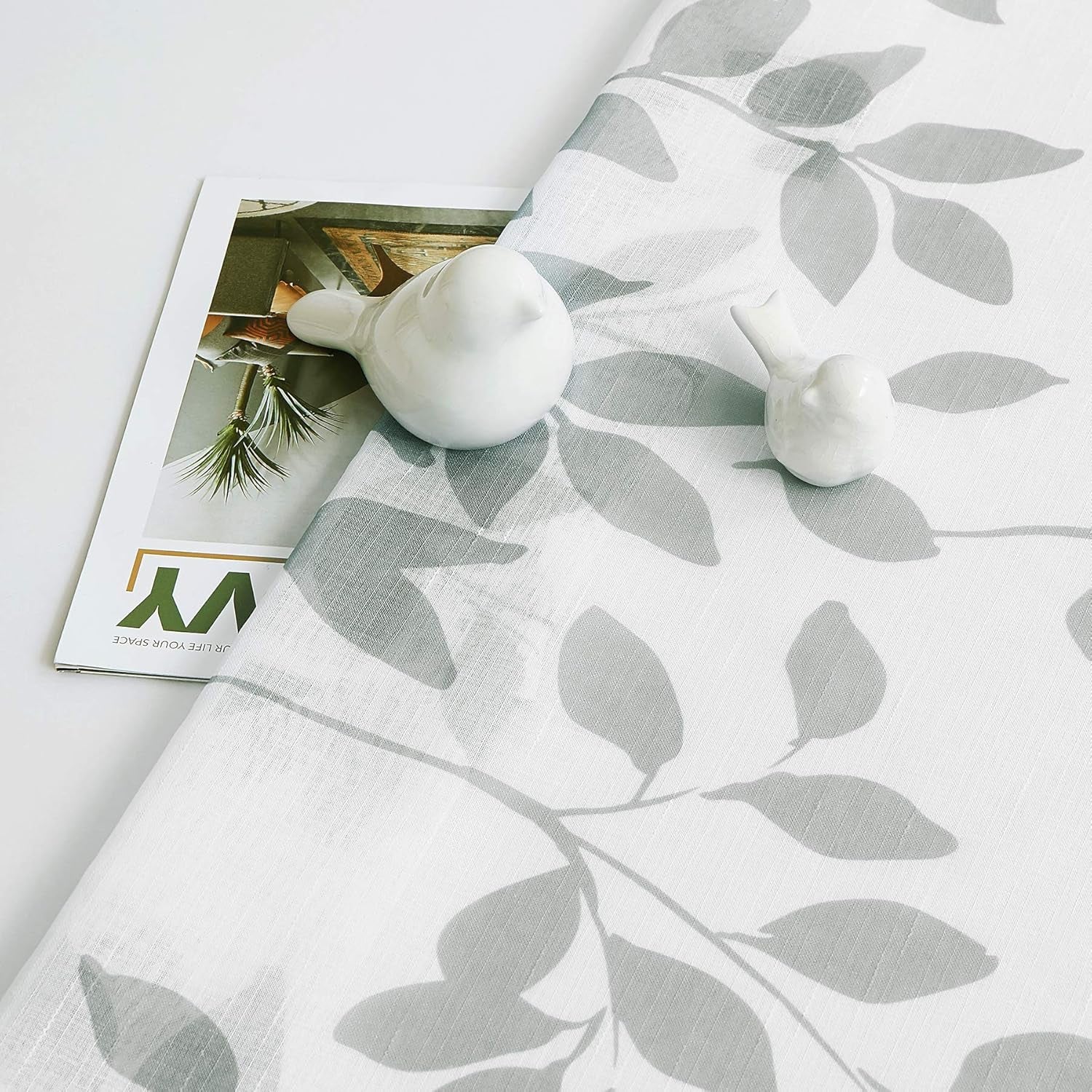 Grey White Sheer Curtains Living-Room 84 Inches Light Filtering Rural Gray Leaf Print Window Treatment Sets for Bedroom Country Style Botanical Garden Linen Textured Draperies 1 Pair Rod Pocket