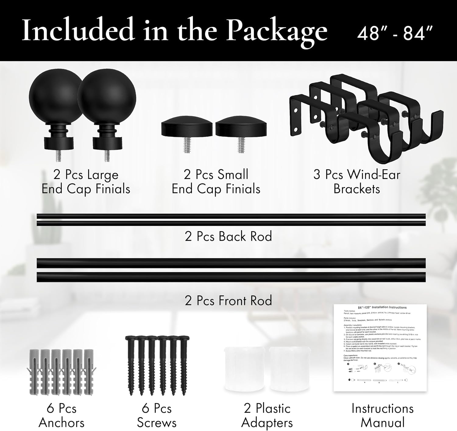 1-Inch Diameter Ball Telescoping Double Window Treatment Curtain Rod, 48-Inch to 84-Inch, Black