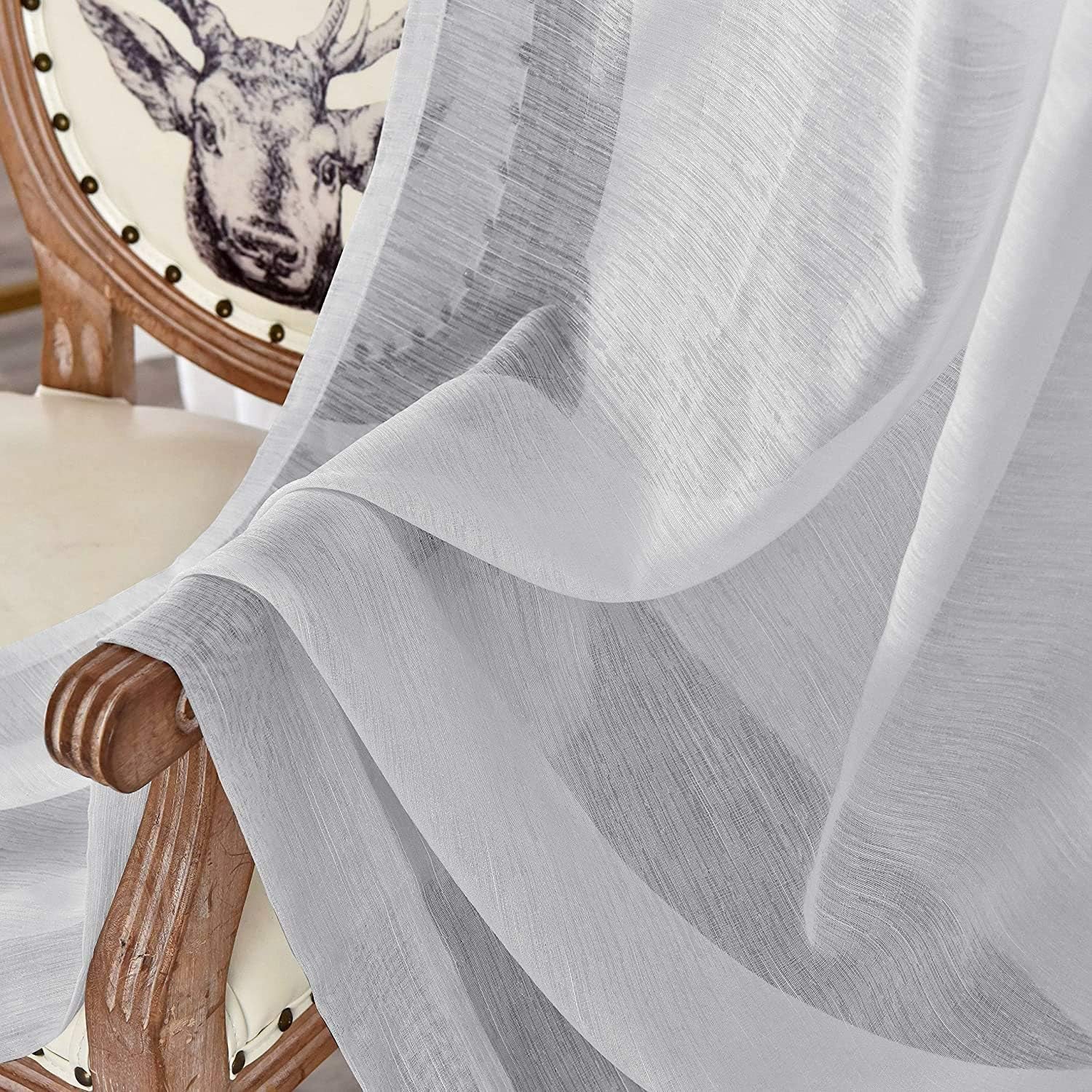 Slub Sheer Grey Curtains 96Inch-Long for Living Room Textured Window Draperies 2 Panels