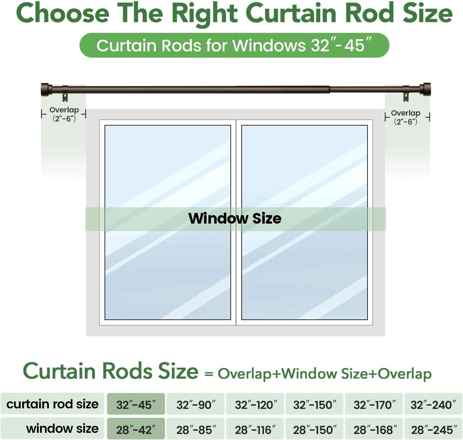 Curtain Rods for Windows 32 to 45, 1 Inch Diameter Adjustable Heavy Duty Long Window Curtain Rod, Outdoor Modern Style Drapery Rods with Simple End Caps, Size 32" - 45", Antique Bronze