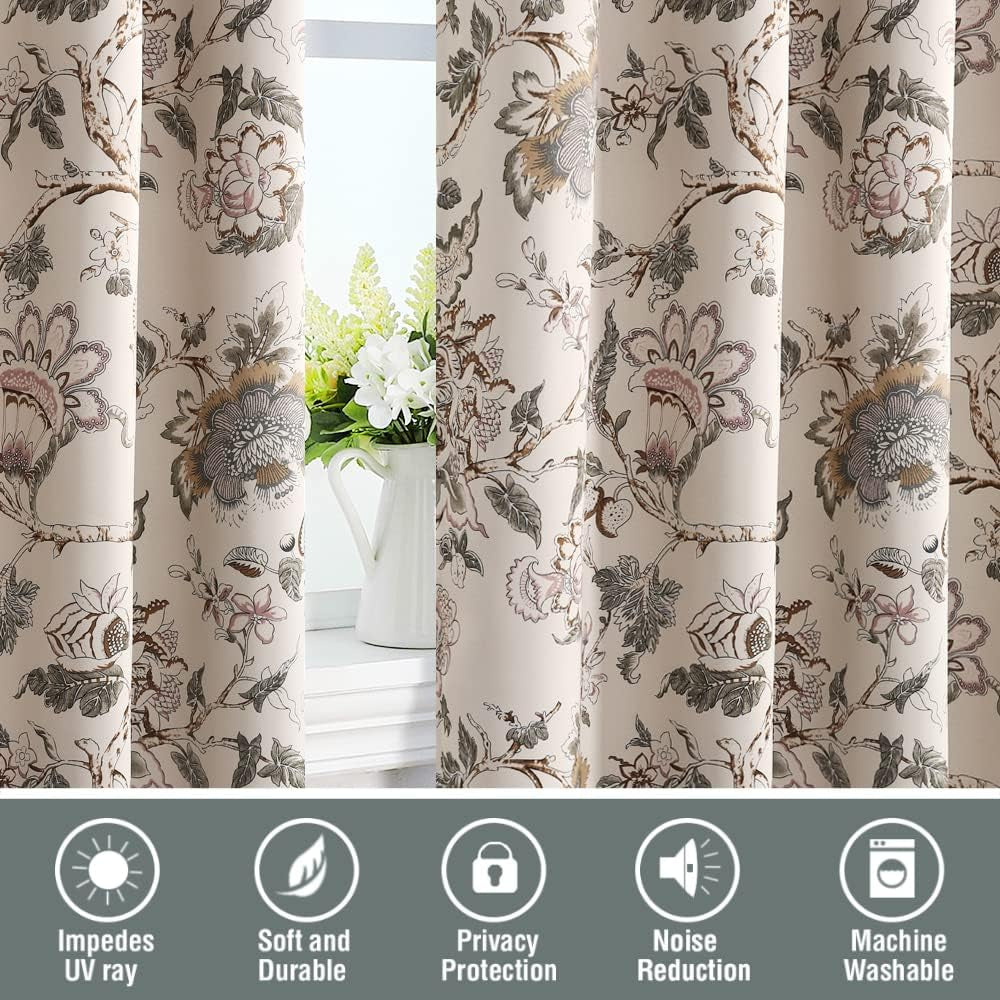 Blackout Curtains 63 Inch Length 2 Panels Set Floral Print Curtain Drapes for Living Room Thermal Insulated Grommet Window Curtains for Bedroom - Traditional Floral in Sage and Brown