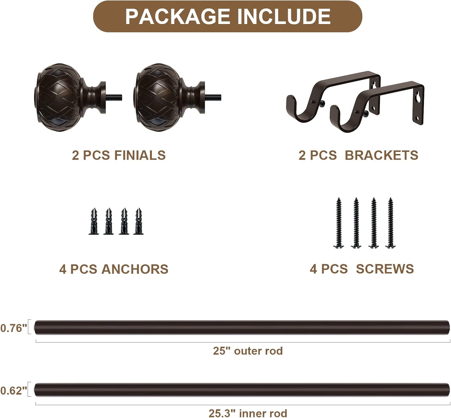 Curtain Rods for Windows 28 to 48 Inches, 3/4 Single Rods with Netted Texture Finials Bronze