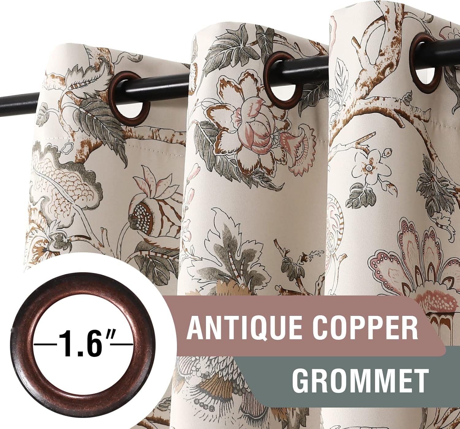 Blackout Curtains 63 Inch Length 2 Panels Set Floral Print Curtain Drapes for Living Room Thermal Insulated Grommet Window Curtains for Bedroom - Traditional Floral in Sage and Brown