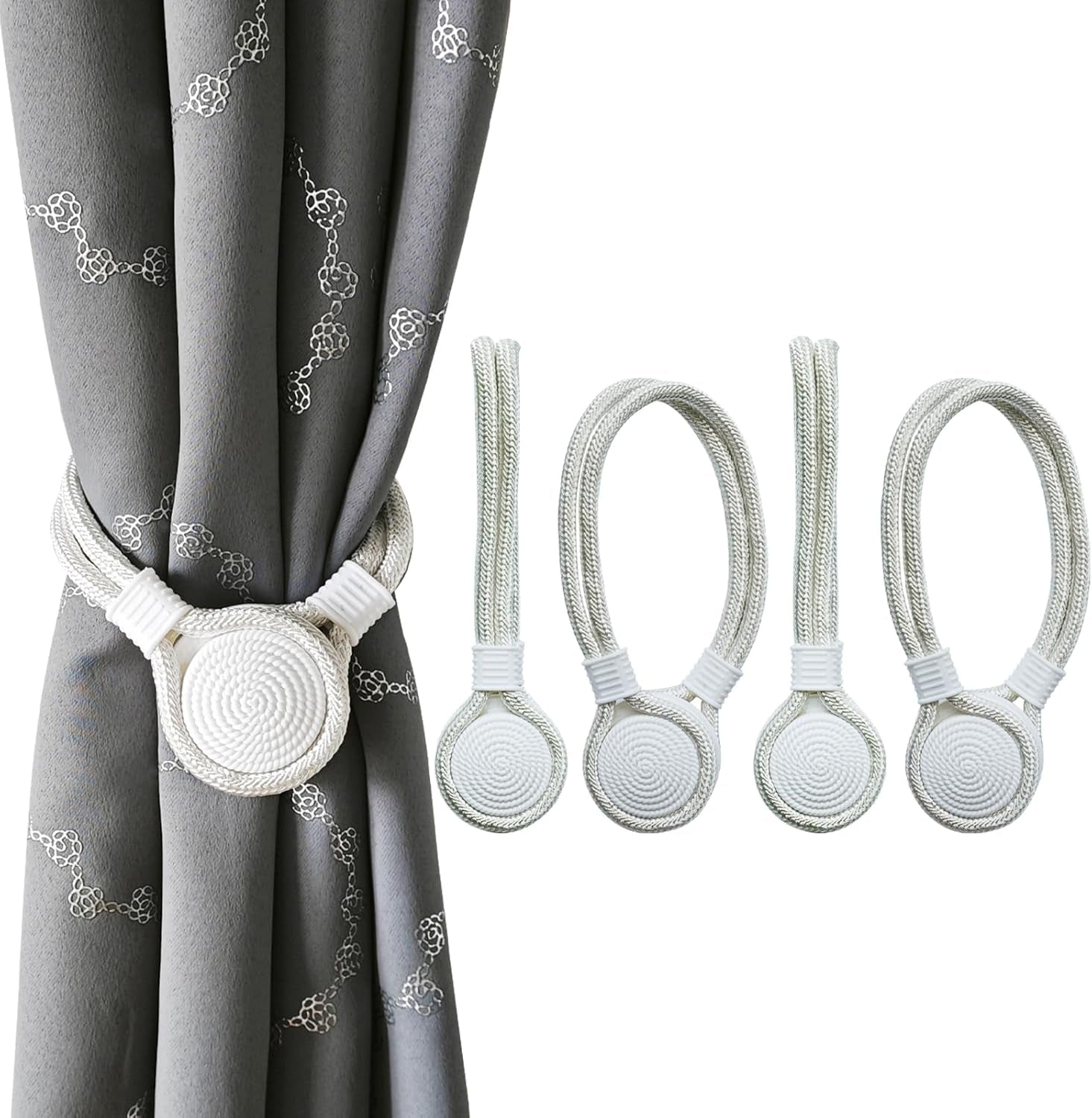 Magnetic Curtain Tiebacks, Decorative Drape Tie Backs Holdback Holder for Window Draperies, 4 Pack, off White