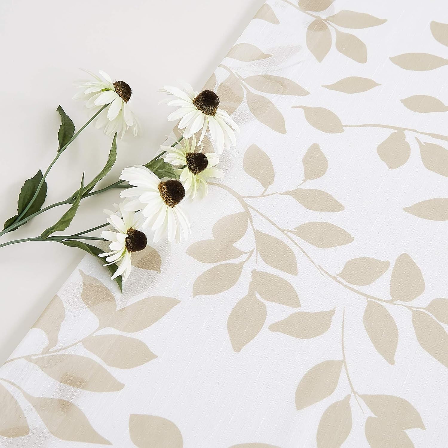 Leaf White Sheer Curtains for Living Room Bedroom 84Inches Long Taupe Leaves Print Light Filtering Rustic Window Curtain Panels Botanical Linen Textured Look Drapes for Garden Patio Office 50” W 2Pcs