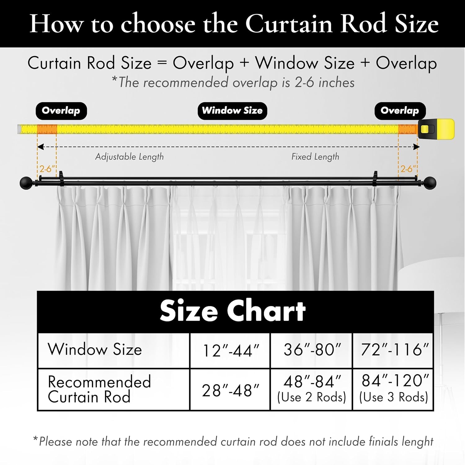 1-Inch Diameter Ball Telescoping Double Window Treatment Curtain Rod, 48-Inch to 84-Inch, Black