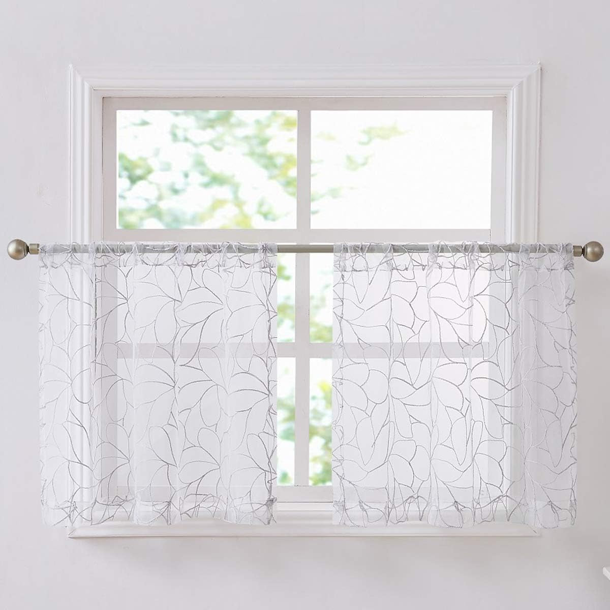 Pair of 30 X 24 Short White Kitchen Curtains with Silver Grey Thread. Use Our Boho Cafe Curtain Tiers as RV Window Curtains, Basement Curtains or Bathroom Drapes. O Silver Tiers 24"