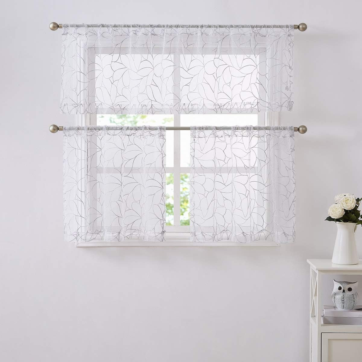 Pair of 30 X 24 Short White Kitchen Curtains with Silver Grey Thread. Use Our Boho Cafe Curtain Tiers as RV Window Curtains, Basement Curtains or Bathroom Drapes. O Silver Tiers 24"