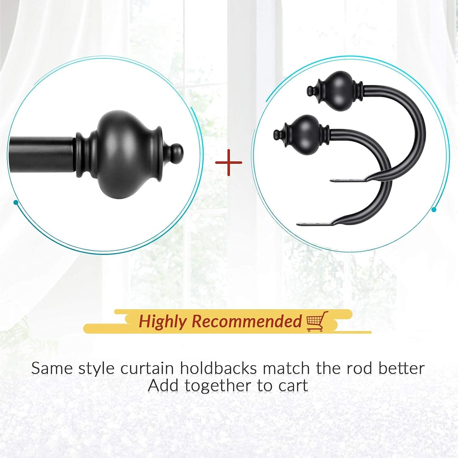 Curtain Rod 1 Inch Single Drapery Rods for Windows with Gourd Finials, 72-144", Black