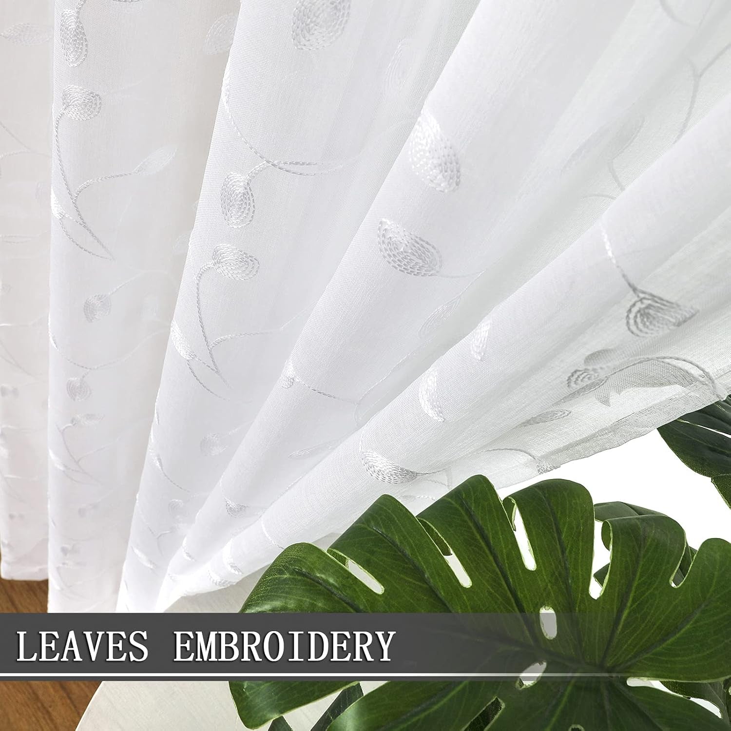 Leaves Short Sheer Curtain White Leaf Embroidery Bedroom Curtains Rod Pocket Voile Faux Linen Embroidered Leaves Curtain for Living Room, 54 X 54 Inches Long, Set of 2 Panels
