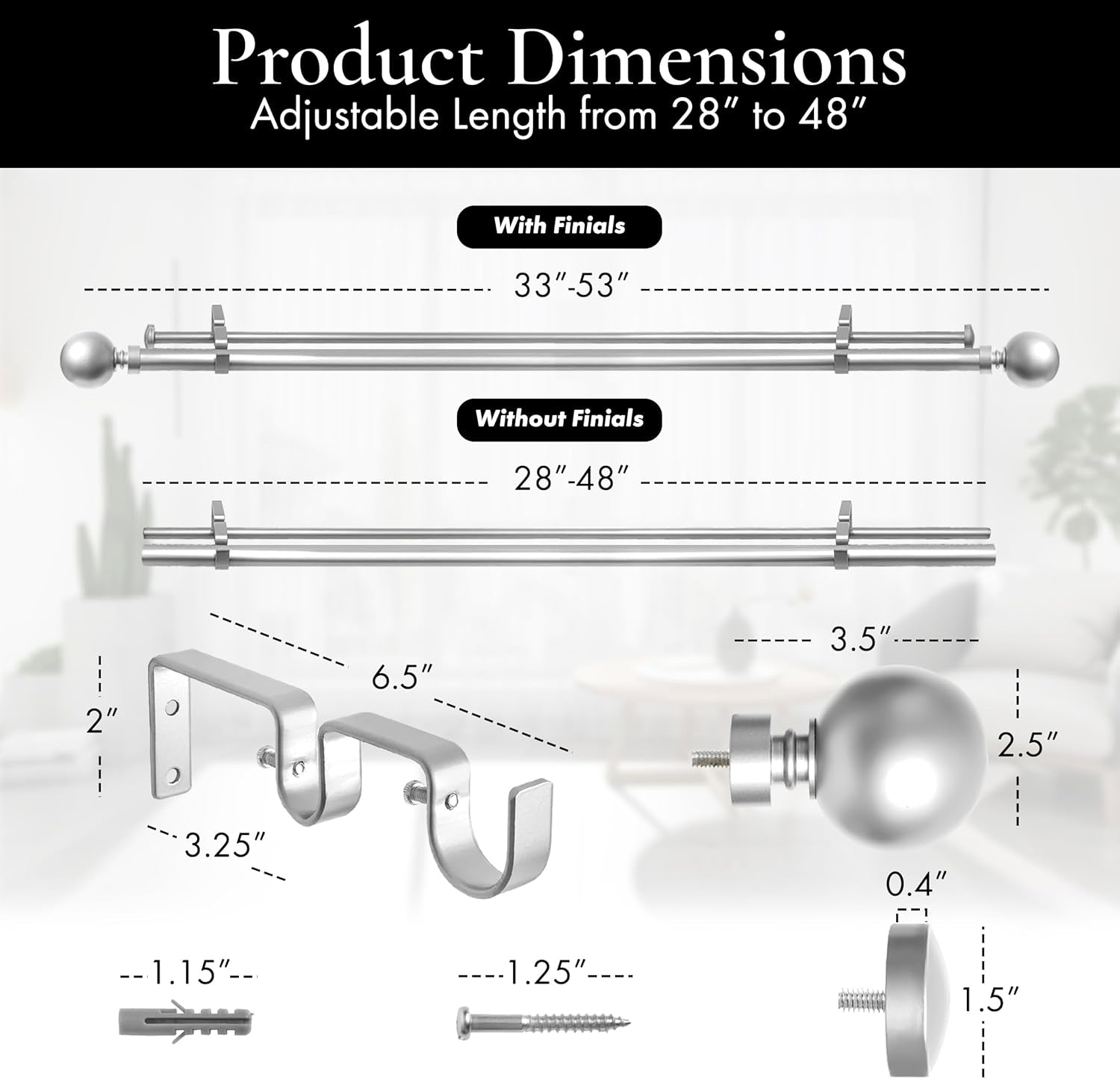 1-Inch Diameter Ball Telescoping Double Window Treatment Curtain Rod, 28-Inch to 48-Inch, Satin Nickel