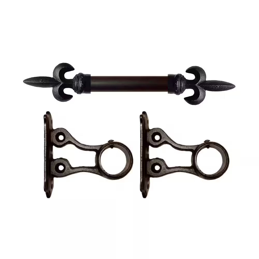 4 Ft. Fixed Length 1 In. Dia. Metal Drapery Single Curtain Rod Set in Black with SM Fleur De Lis Finial