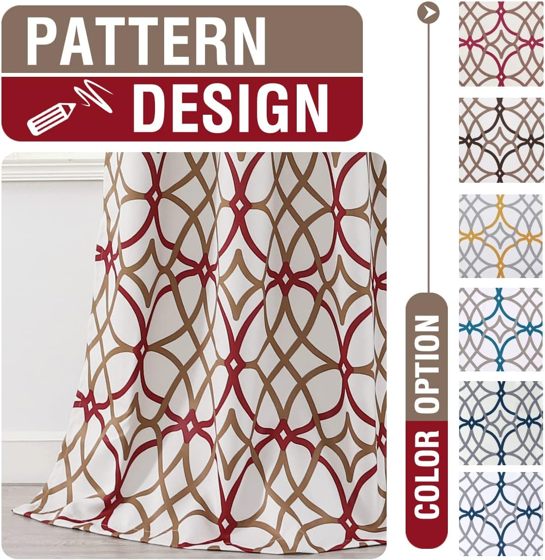 Printed Design Blackout Curtains for Bedroom 96 Inch Length Thermal Insulated Curtains for Bedroom Living Room Modern Grommet Window Drapes 2 Panels Set, Taupe and Red