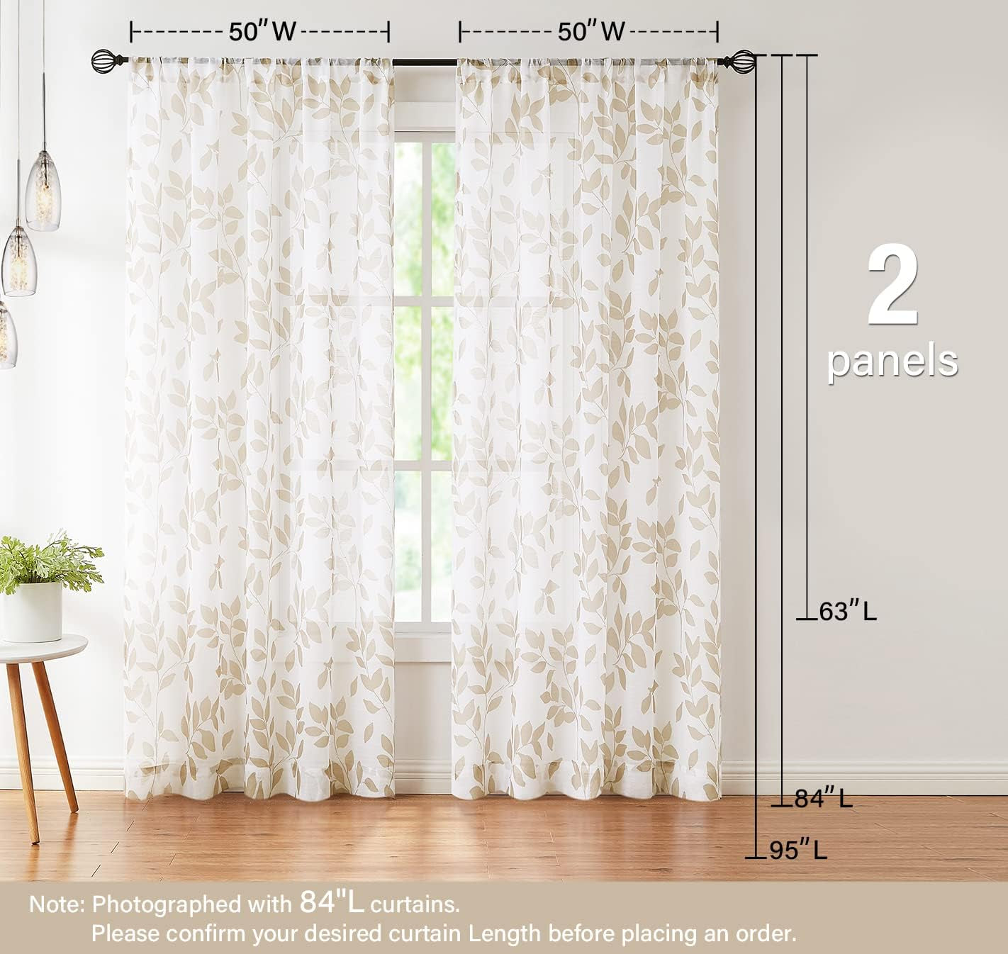 Leaf White Sheer Curtains for Living Room Bedroom 84Inches Long Taupe Leaves Print Light Filtering Rustic Window Curtain Panels Botanical Linen Textured Look Drapes for Garden Patio Office 50” W 2Pcs