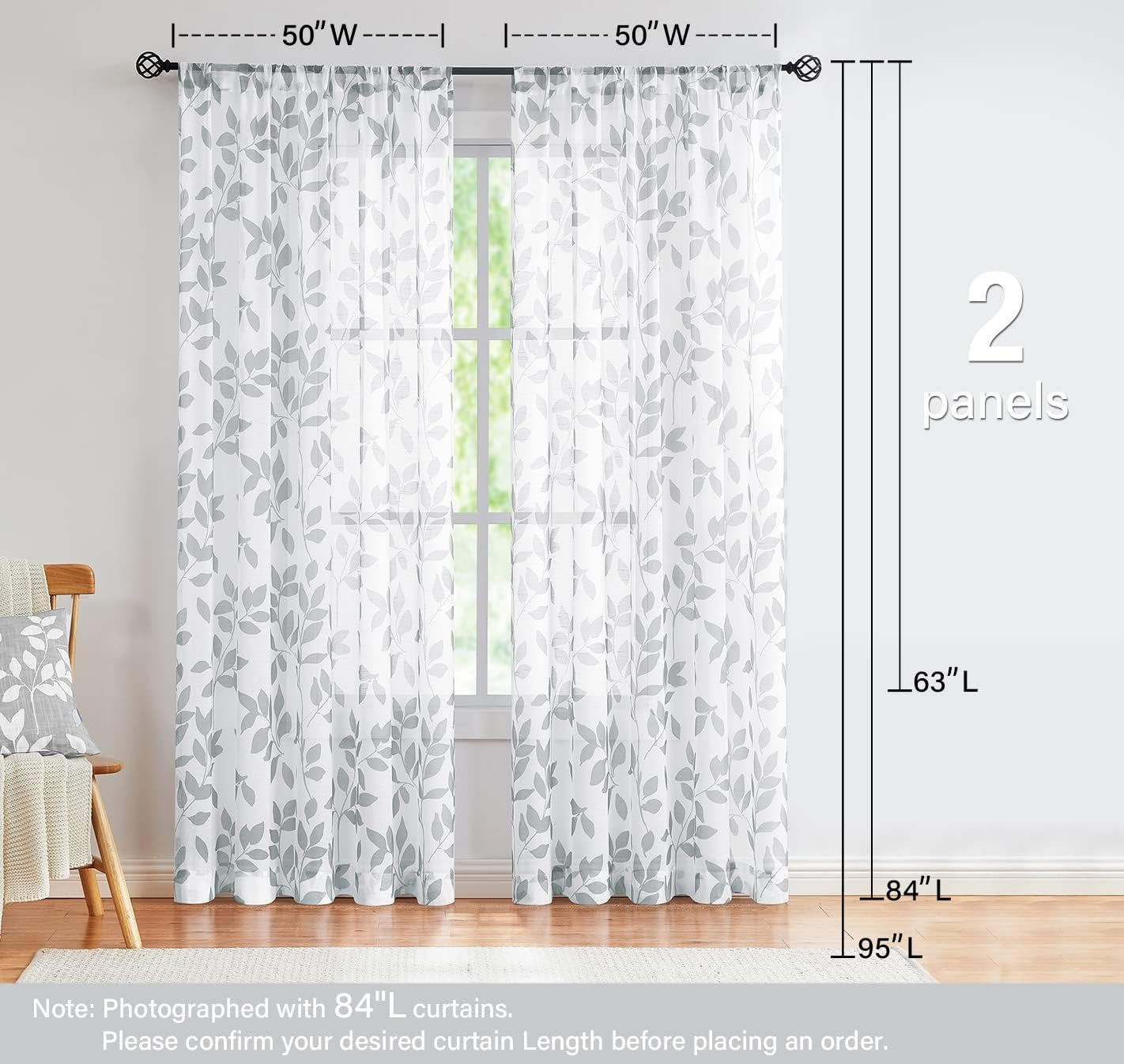 Grey White Sheer Curtains Living-Room 84 Inches Light Filtering Rural Gray Leaf Print Window Treatment Sets for Bedroom Country Style Botanical Garden Linen Textured Draperies 1 Pair Rod Pocket