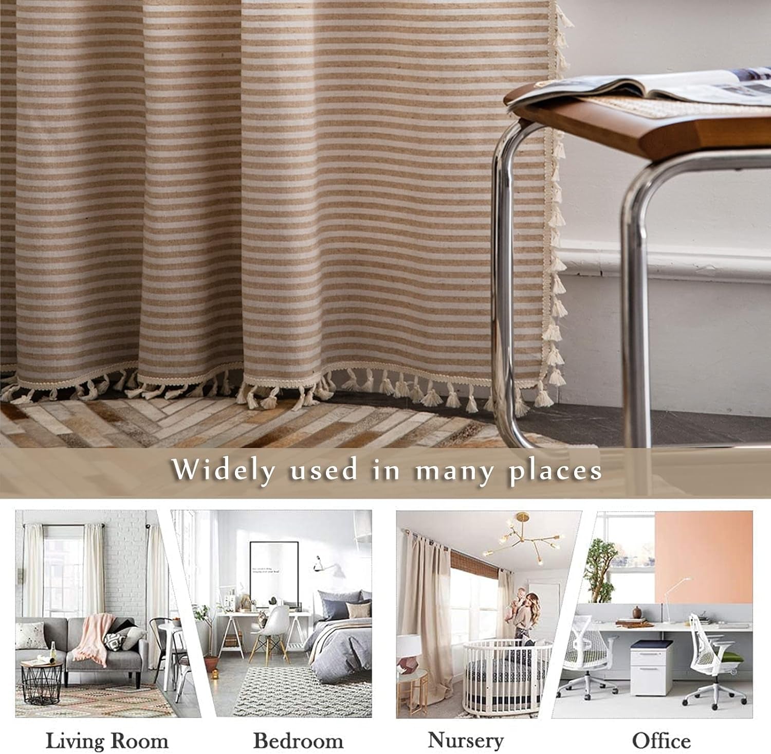 Striped Farmhouse Curtains for Living Room, 2 Panels Cotton Linen Room Darkening Curtains 63 Inch Length Tassel Beige Rod Pocket Window Drapes for Dining Nursery Doorway