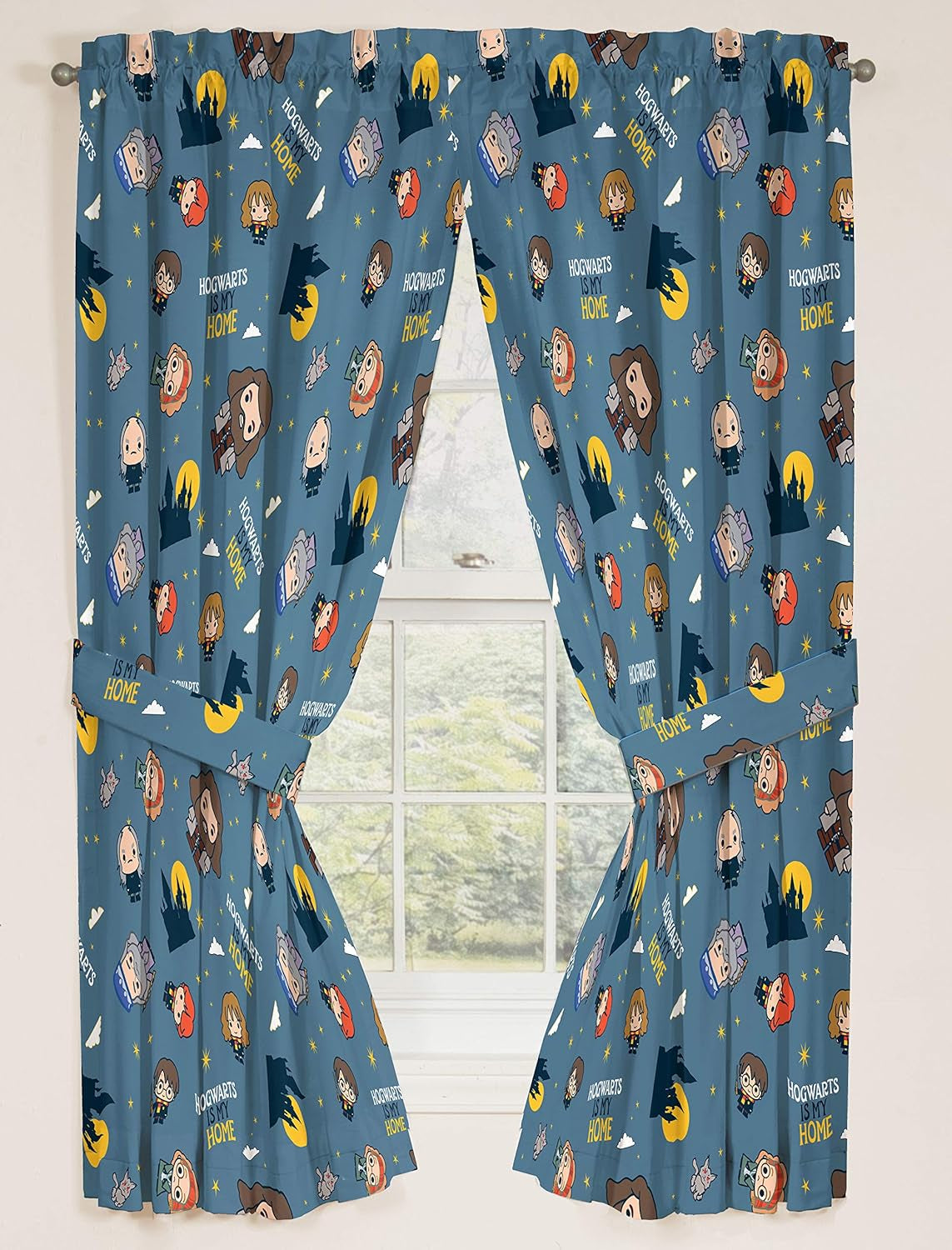 Kids Window Drapes - 4 Piece Curtain Set Includes 2 Tiebacks, Beautiful Bedding Room Décor and Easy Set Up, Gray - Harry Potter, 63 Inch