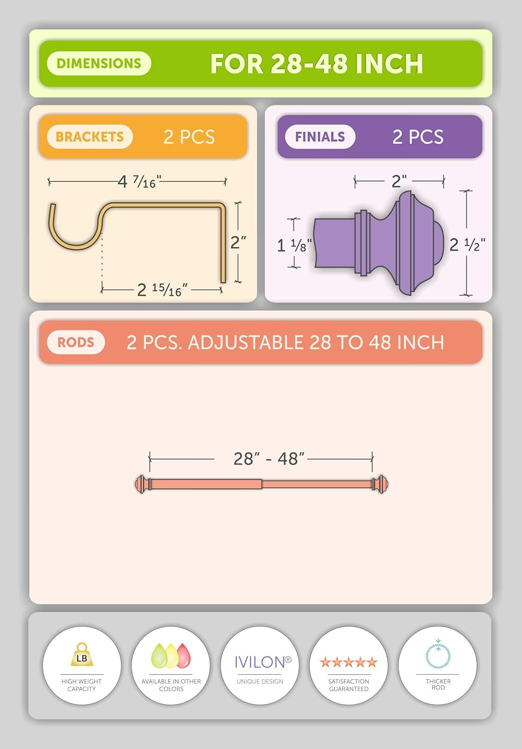 Drapery Treatment Window Curtain Rod - Square Design 1 1/8 Rod. 28 to 48 Inch. Satin Nickel