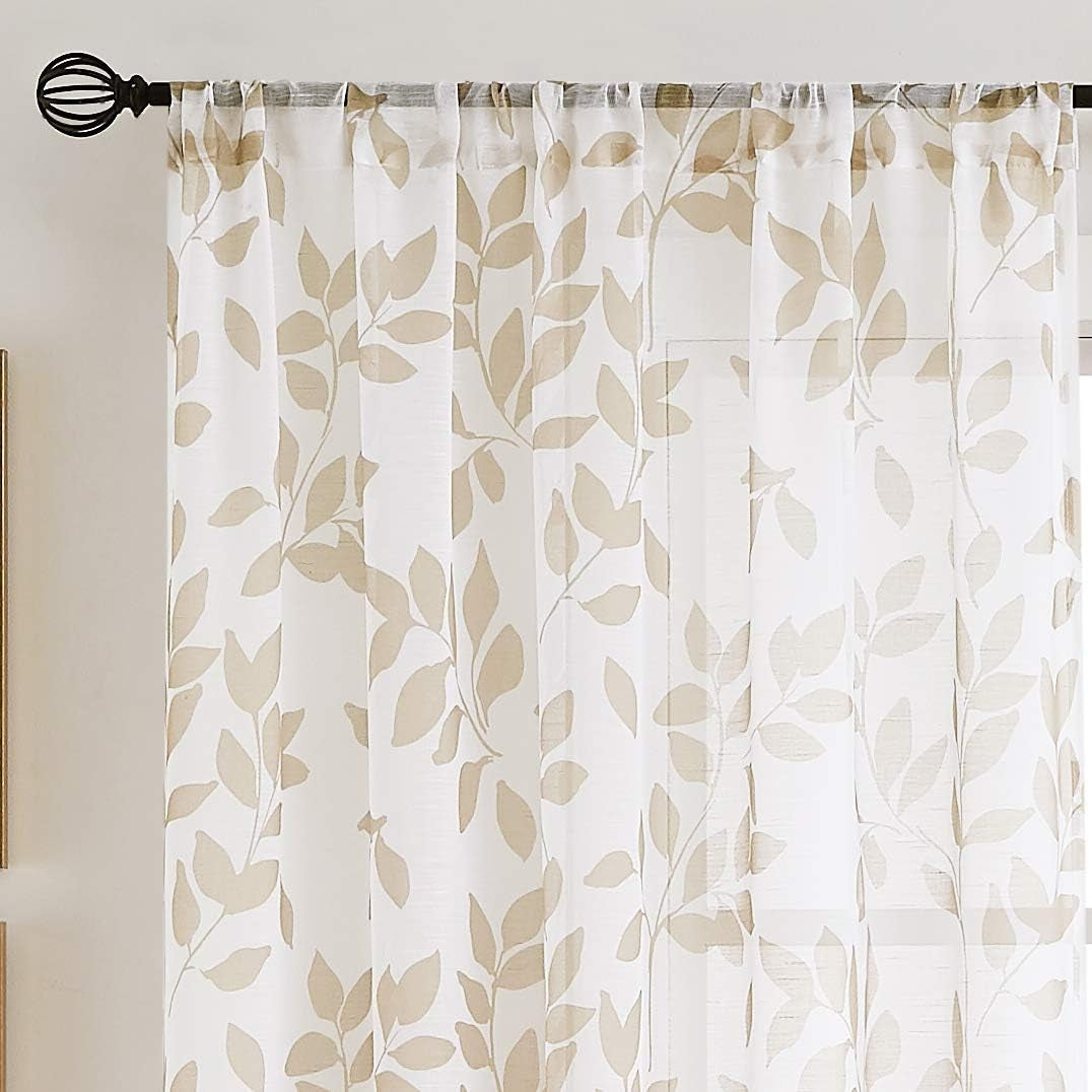Leaf White Sheer Curtains for Living Room Bedroom 84Inches Long Taupe Leaves Print Light Filtering Rustic Window Curtain Panels Botanical Linen Textured Look Drapes for Garden Patio Office 50” W 2Pcs