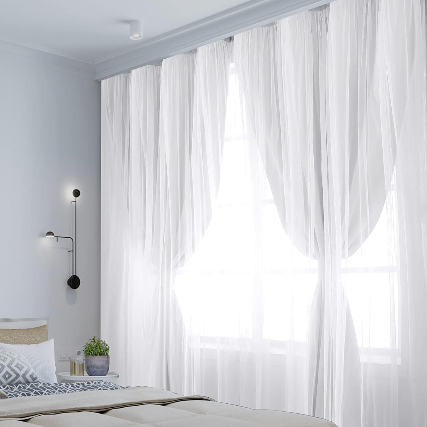 Double Layer Curtains Greyish White Blackout Curtains 96 Inch Length 2 Panels Nursery Grommet Drapes with Sheer Overlay for Girls Kids Bedroom