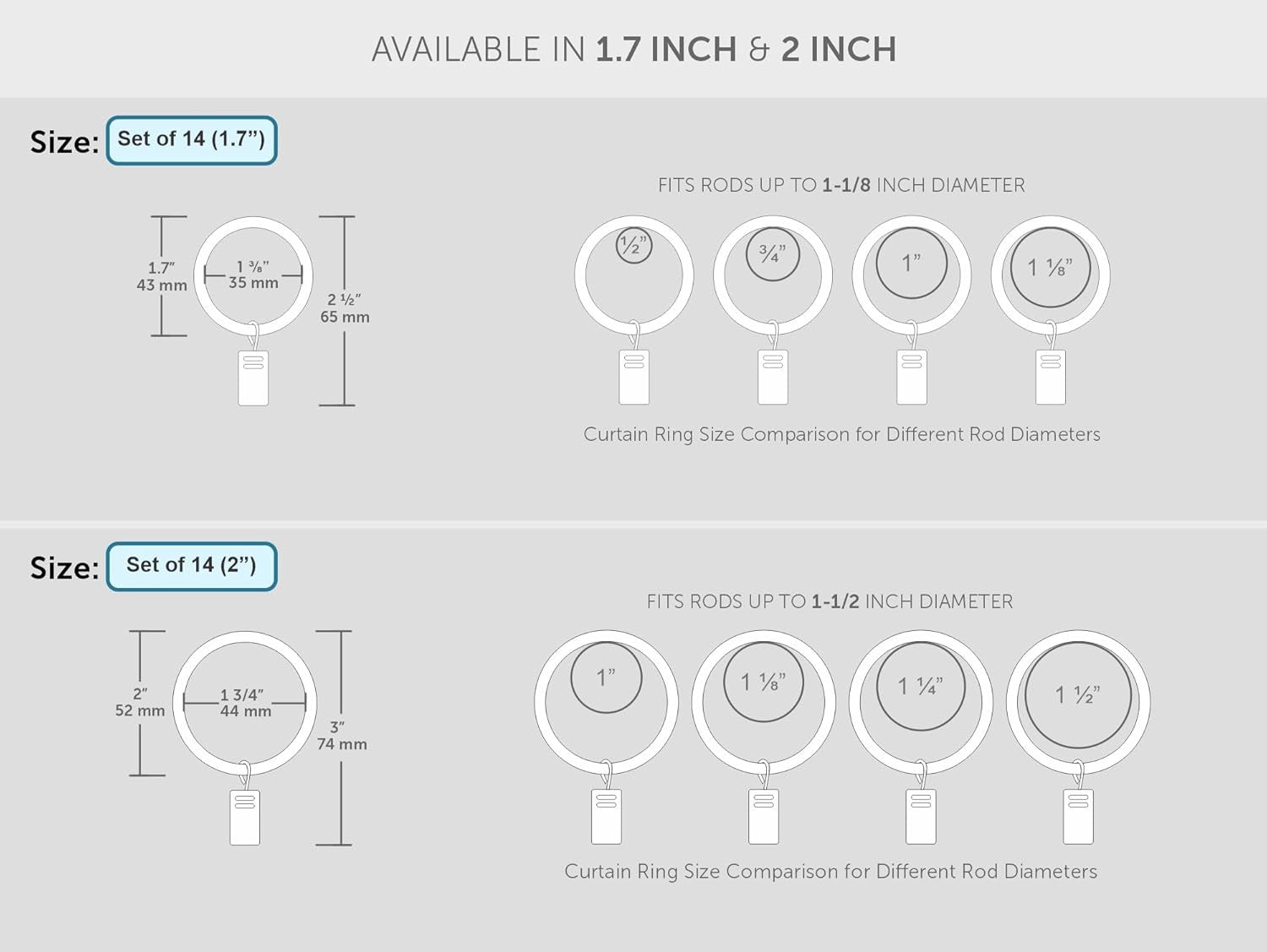 Drapery Curtain Clip Rings - Clips Ring for Curtain Panels 1.7", Set of 14 - Pewter