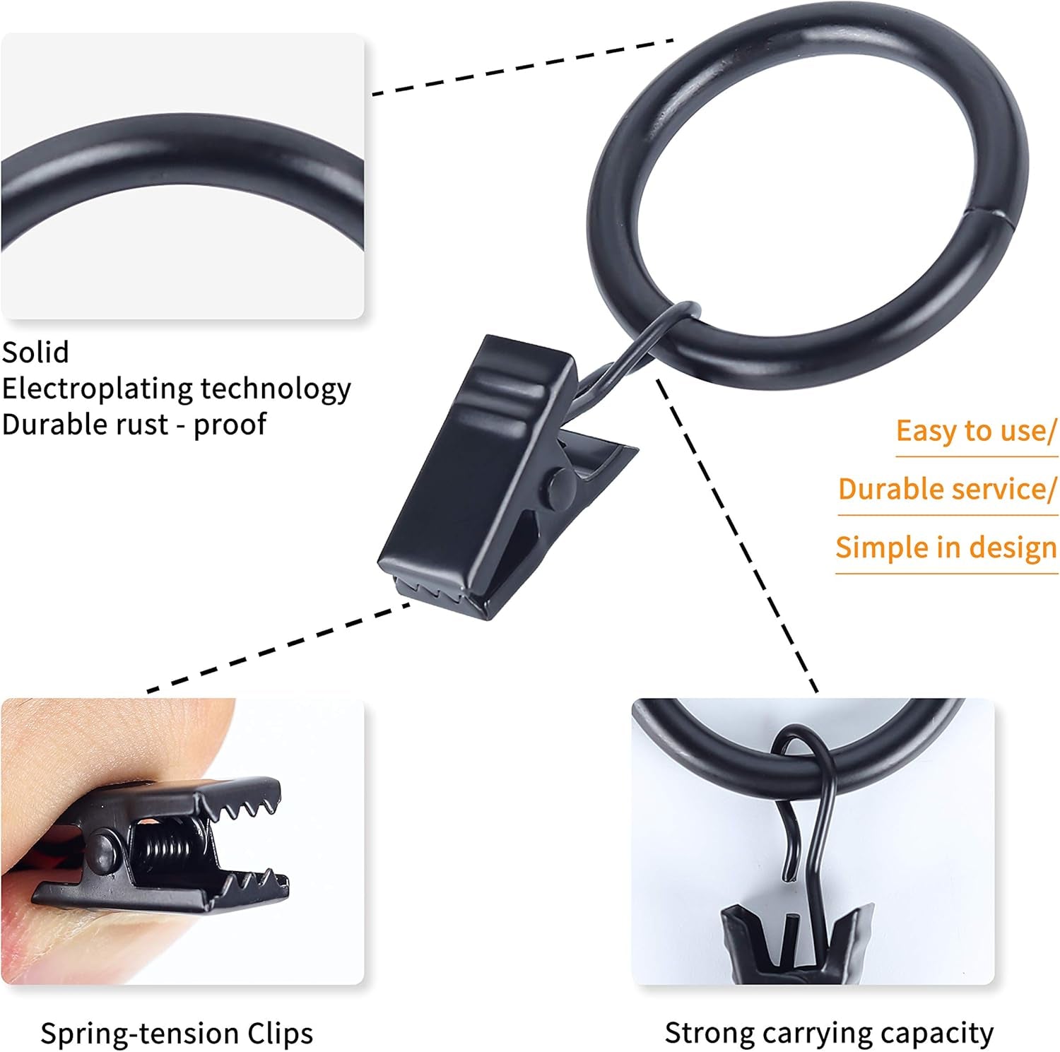 104 Pack Curtain Ring with Clips Decorative Drapery Window Ring with Hooks Strong Clip Ring for Curtain Panel Compatible with up to 5/8 Inch Drapery Rod (Black)