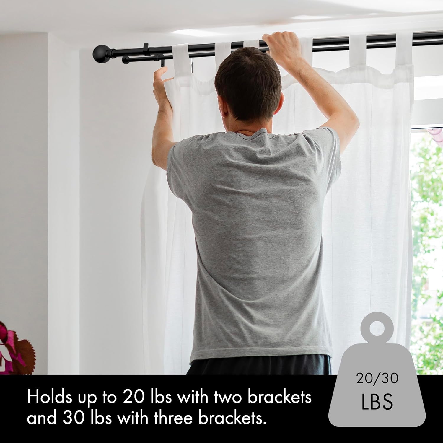 1-Inch Diameter Ball Telescoping Double Window Treatment Curtain Rod, 48-Inch to 84-Inch, Black