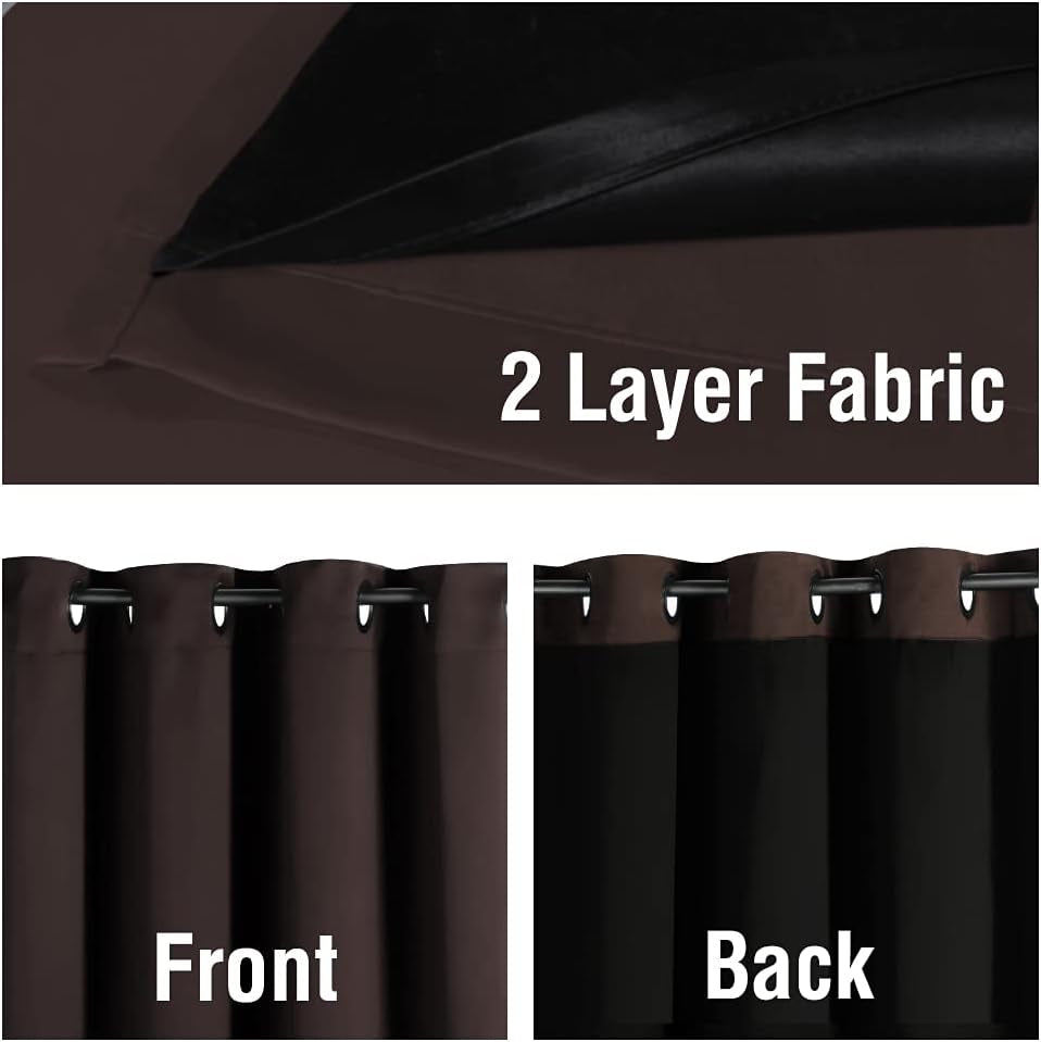 100% Blackout Curtains 84 Inches Long (2 Layers) Full Light Blocking Window Curtain Draperies with Black Liner for Bedroom Thermal Insulated Soft Thick Silky Grommet 2 Panels, Brown