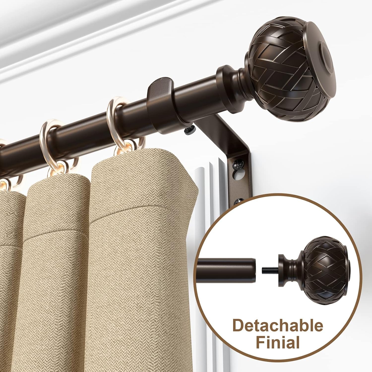 Curtain Rods for Windows 28 to 48 Inches, 3/4 Single Rods with Netted Texture Finials Bronze