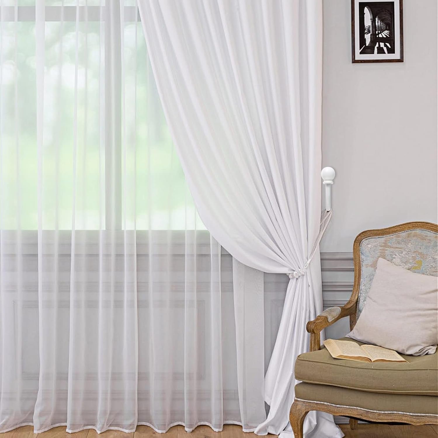 Set of 2 Decorative Curtain Holdbacks, Wall Mounted Aluminum Alloy Window Drapery Tiebacks for Bedroom, Livingroom Office Come with Screws, White