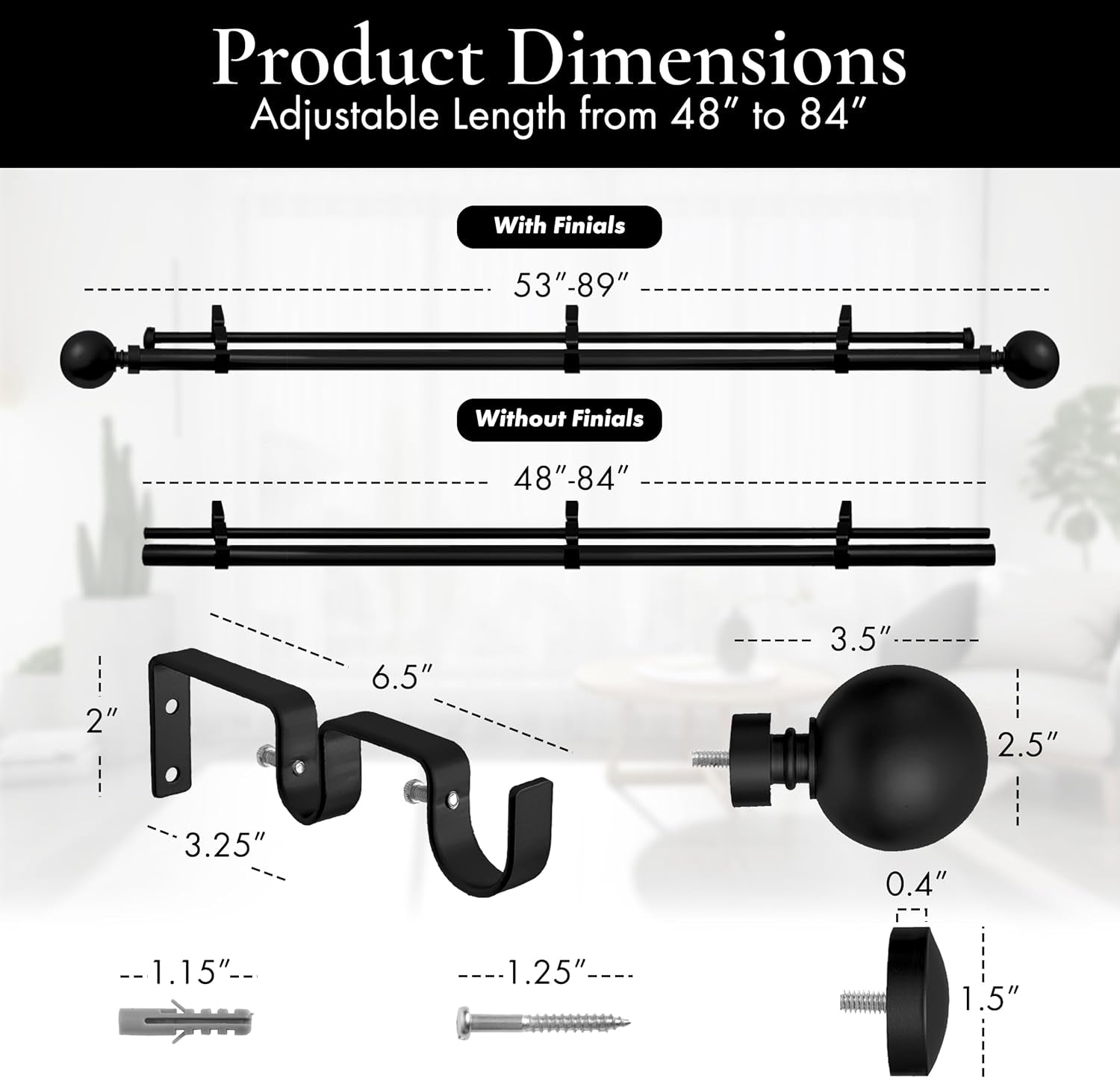 1-Inch Diameter Ball Telescoping Double Window Treatment Curtain Rod, 48-Inch to 84-Inch, Black