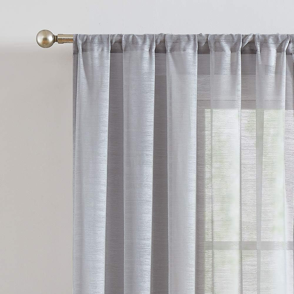 Slub Sheer Grey Curtains 96Inch-Long for Living Room Textured Window Draperies 2 Panels