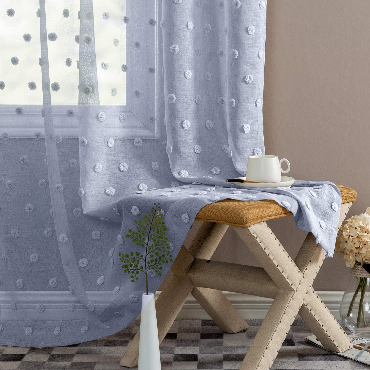 Sheer Curtains Pompom Blue Voile Pom Pom Window Curtains for Bedroom Girls Room Nursery Kids Teenage Room Rod Pocket 2 Panels 63 Inch Long Curtain Set