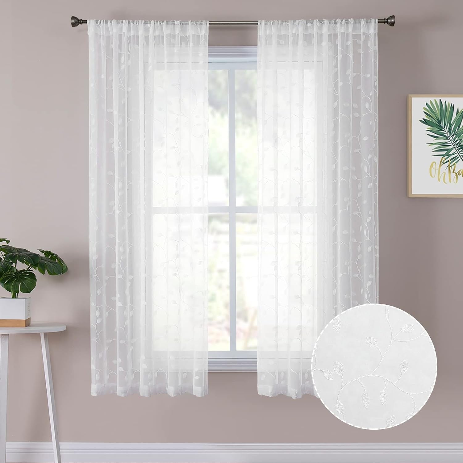 Leaves Short Sheer Curtain White Leaf Embroidery Bedroom Curtains Rod Pocket Voile Faux Linen Embroidered Leaves Curtain for Living Room, 54 X 54 Inches Long, Set of 2 Panels