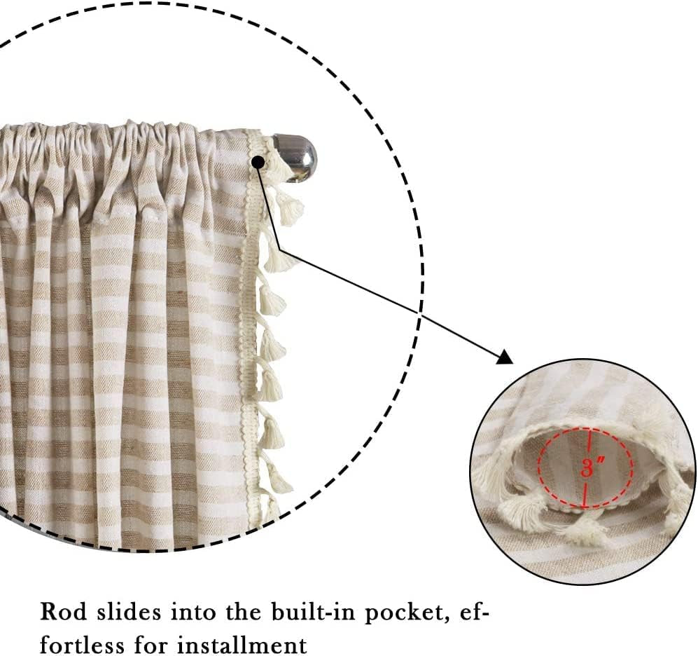 Striped Farmhouse Curtains for Living Room, 2 Panels Cotton Linen Room Darkening Curtains 63 Inch Length Tassel Beige Rod Pocket Window Drapes for Dining Nursery Doorway