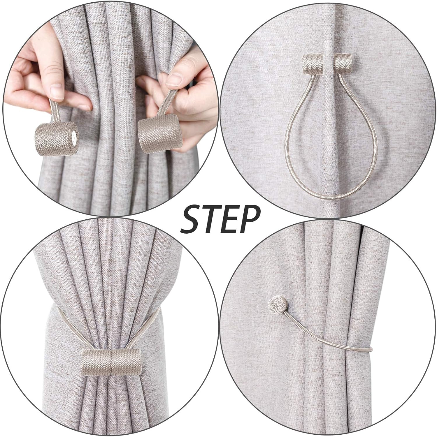 Curtain Tiebacks Clips VS Strong Magnetic Tie Band Home Office Decorative Drapes Weave Holdbacks Holders European for Blackout Sheer Window Treatment (2PCS, Beige)