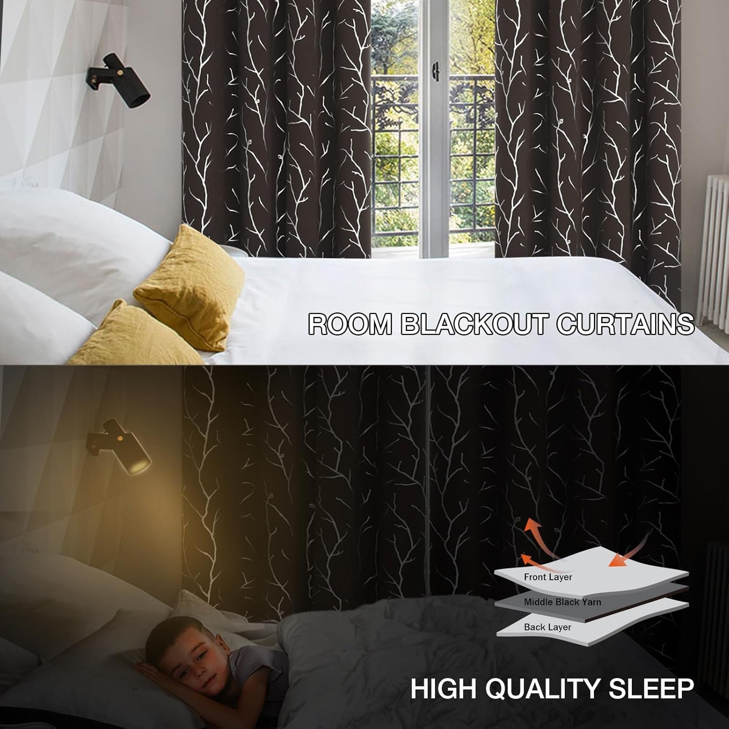 Blackout Curtains Tree Branches Design Window Curtains 84 Inches Long 2 Panels Grommet Thermal Insulated Darkening Curtains for Bedroom 52W X 84L Brown