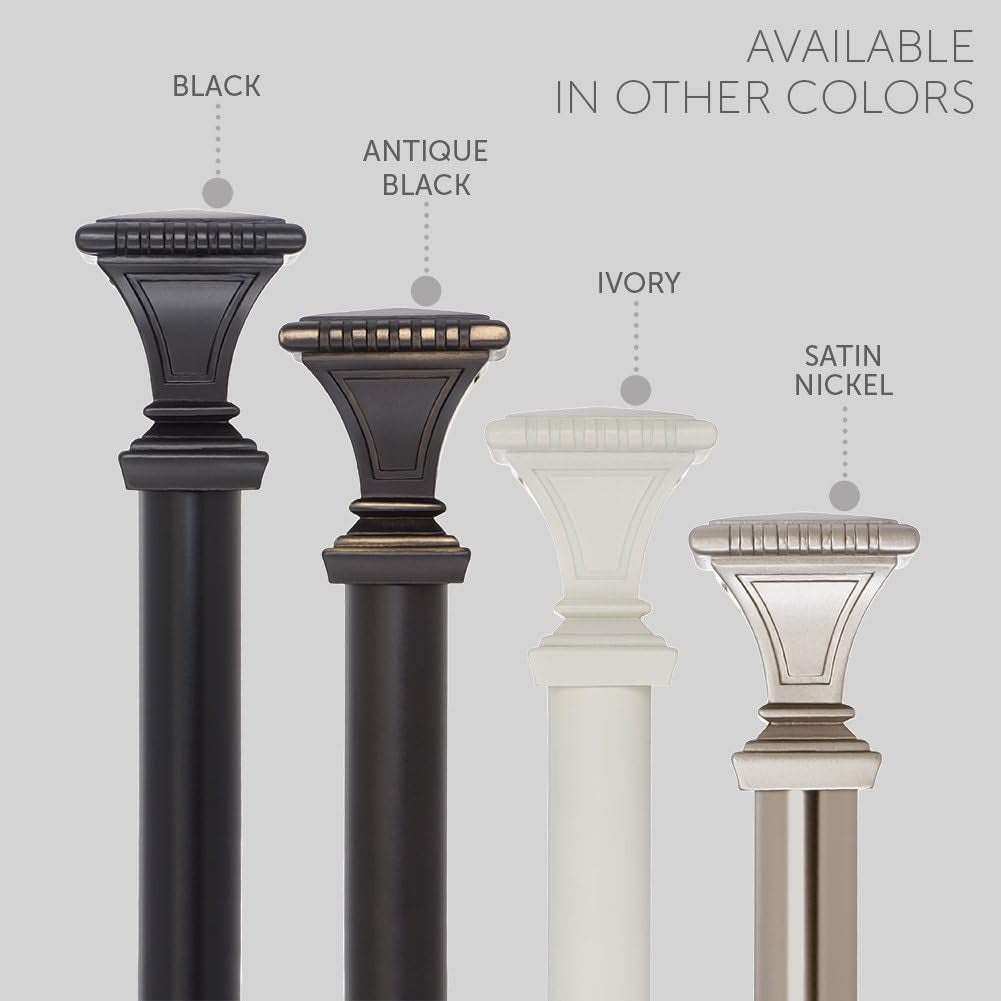 Decorative Window Curtain Rod - Carved Square Finials, 1 1/8 in Rod, 28 to 48 In. Antique Black