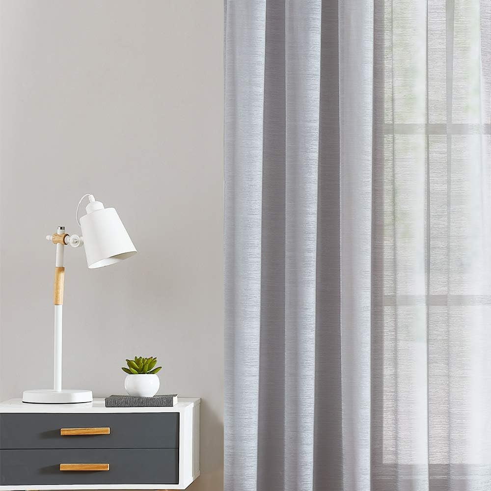 Slub Sheer Grey Curtains 96Inch-Long for Living Room Textured Window Draperies 2 Panels