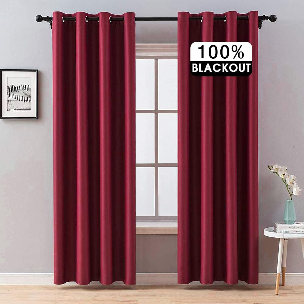 100% Blackout Curtains Thermal Insulated Solid Grommet Curtains/Drapes/Shades for Bedroom Living Room 2 Panels, 52" X 90", Burgundy Red