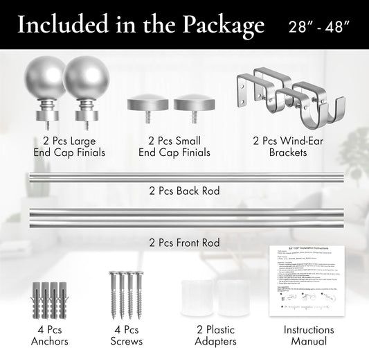 1-Inch Diameter Ball Telescoping Double Window Treatment Curtain Rod, 28-Inch to 48-Inch, Satin Nickel