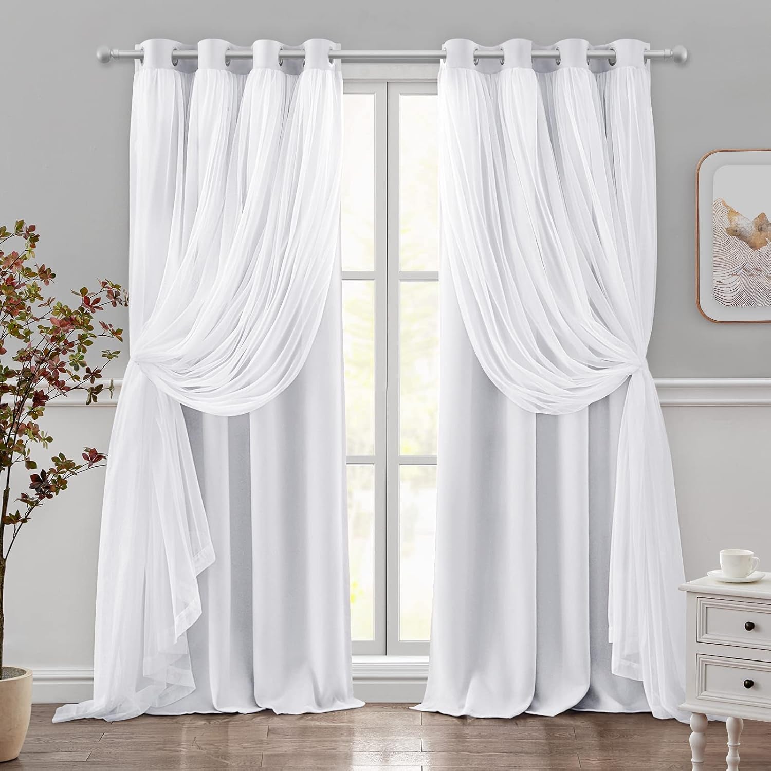 Double Layer Curtains Greyish White Blackout Curtains 96 Inch Length 2 Panels Nursery Grommet Drapes with Sheer Overlay for Girls Kids Bedroom