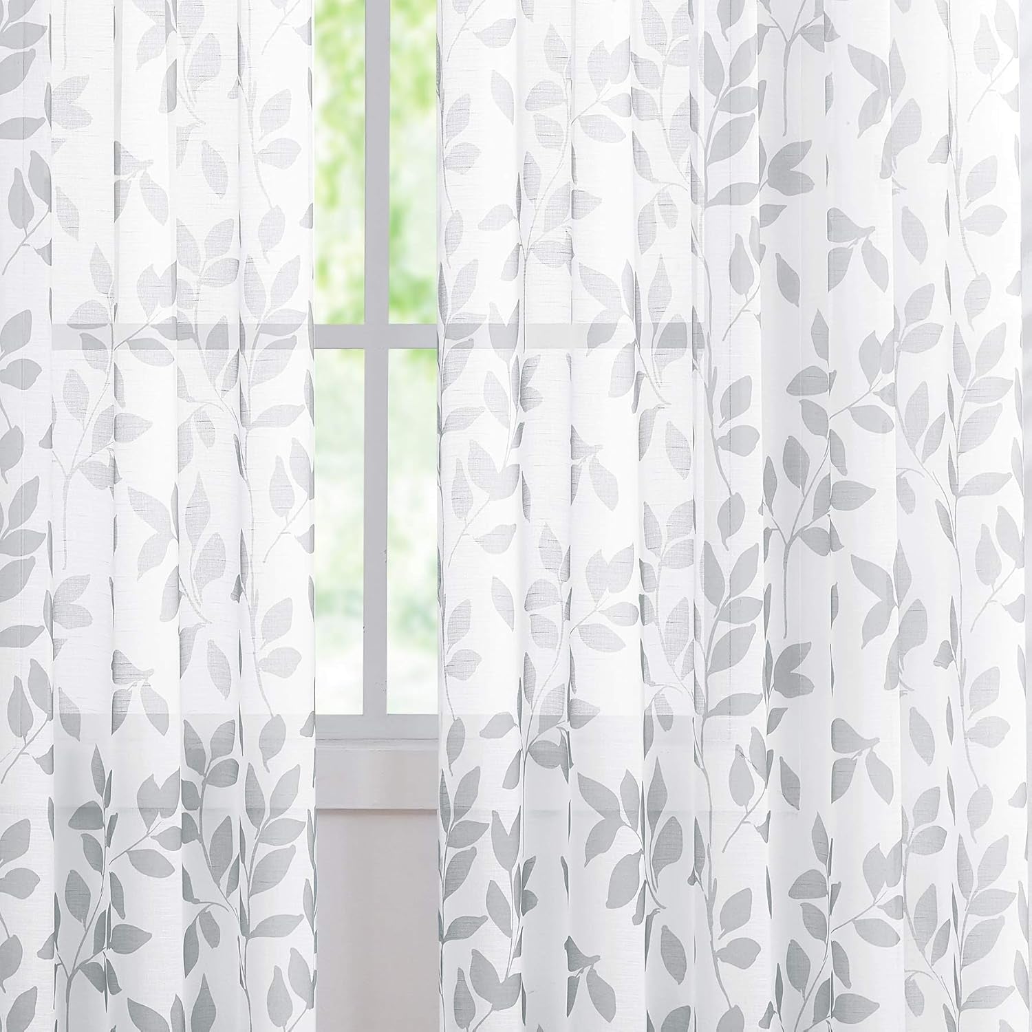 Grey White Sheer Curtains Living-Room 84 Inches Light Filtering Rural Gray Leaf Print Window Treatment Sets for Bedroom Country Style Botanical Garden Linen Textured Draperies 1 Pair Rod Pocket