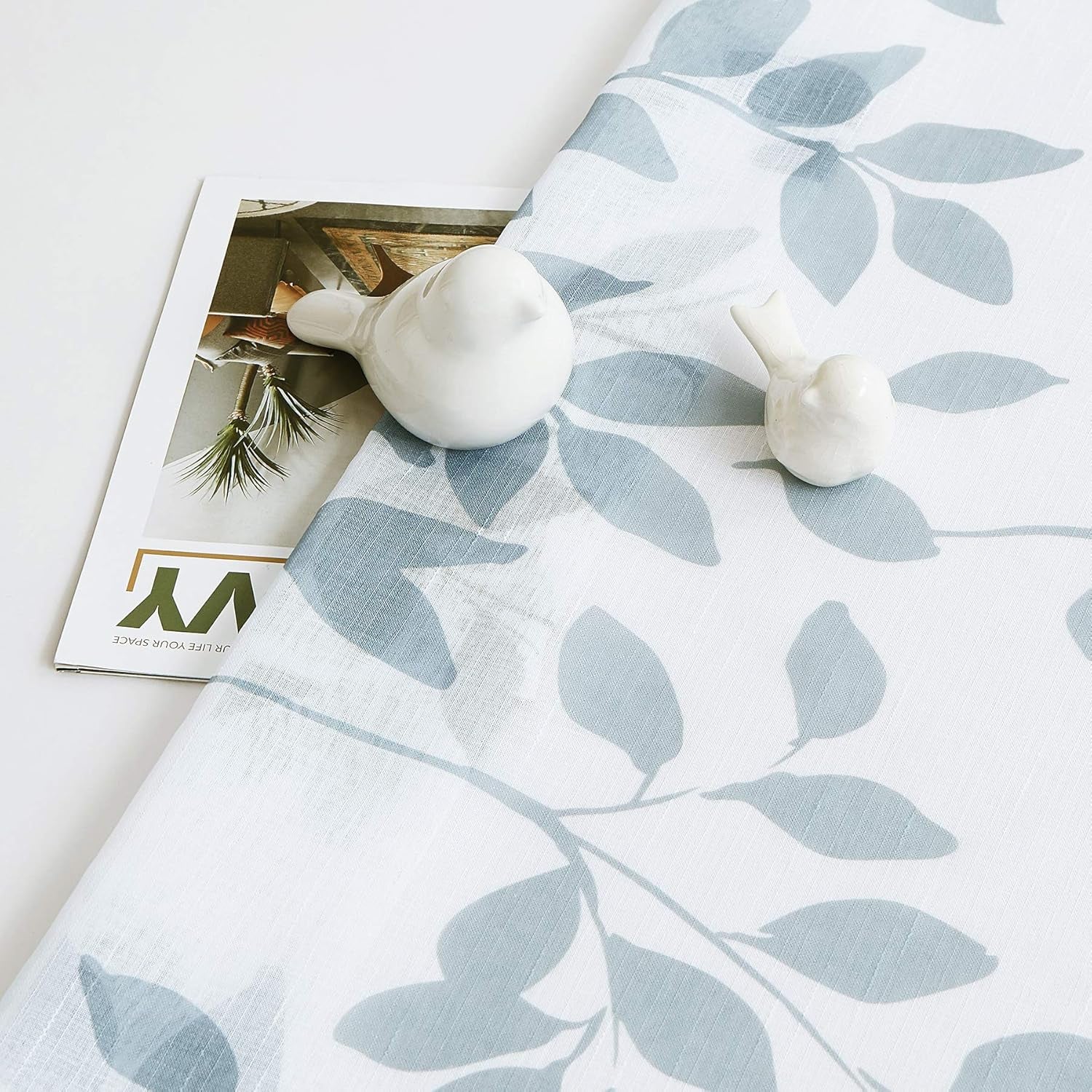 Blue White Sheer Curtains 84” Long Living Room Leaf Printed Linen Textured Semi Sheer Drapes for Guest Bedroom Botanical Country Rustic Light Filtering Window Treatment Sets for Dining Kitchen 2 Pcs