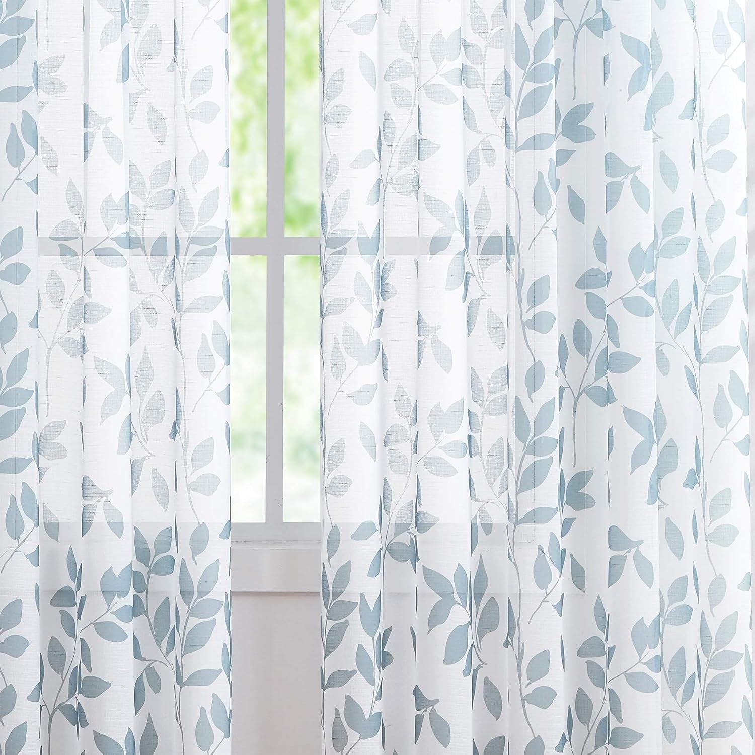 Blue White Sheer Curtains 84” Long Living Room Leaf Printed Linen Textured Semi Sheer Drapes for Guest Bedroom Botanical Country Rustic Light Filtering Window Treatment Sets for Dining Kitchen 2 Pcs