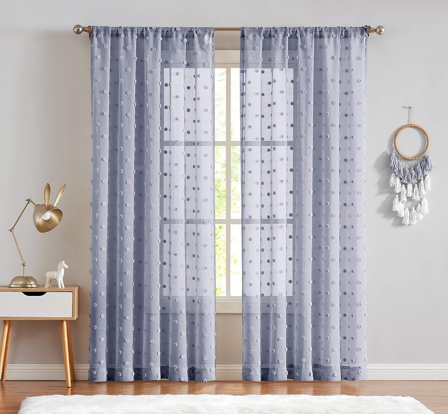 Sheer Curtains Pompom Pink Voile Pom Pom Window Curtains for Bedroom Girls Room Nursery Kids Teenage Room Rod Pocket 2 Panels 96 Inch Long Curtain Set