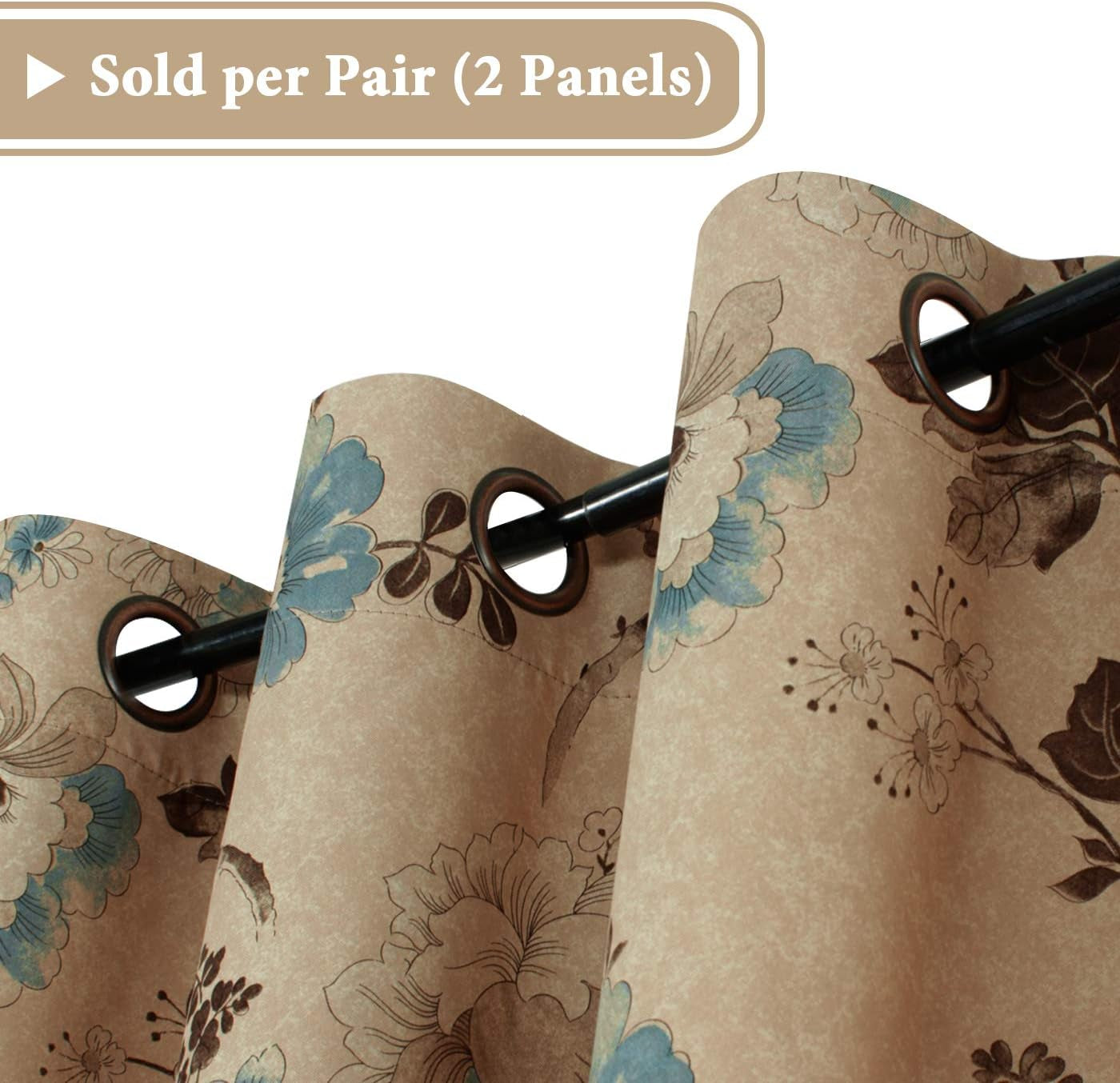 Blackout Curtains for Bedroom/Living Room Thermal Insulated Printed Curtain Drapes 96 Inches Long Energy Efficient Room Darkening Curtains Pair (2 Panels), Vintage Floral Brown & Blue