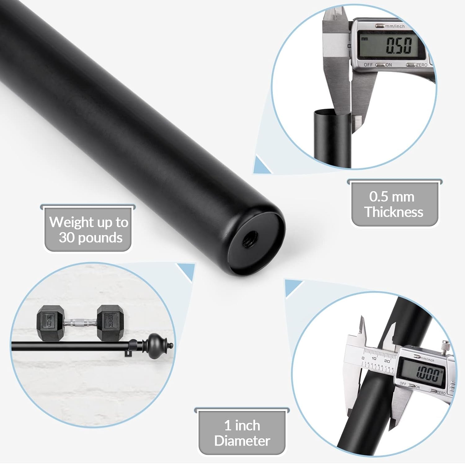 Curtain Rod 1 Inch Single Drapery Rods for Windows with Gourd Finials, 72-144", Black