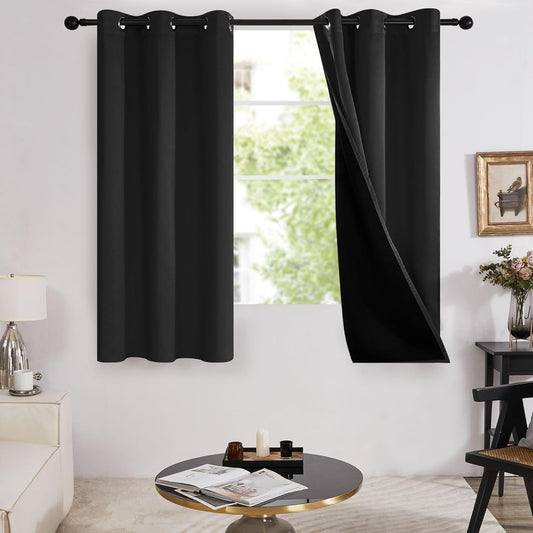 100% Blackout Curtains - 2 Layers, Thermal Insulated, Noise-Reducing Drapes - Bedroom, Nursery, Home Theater - Energy-Efficient & Oeko-Tex Certified - Black, 42W X 63L Inch