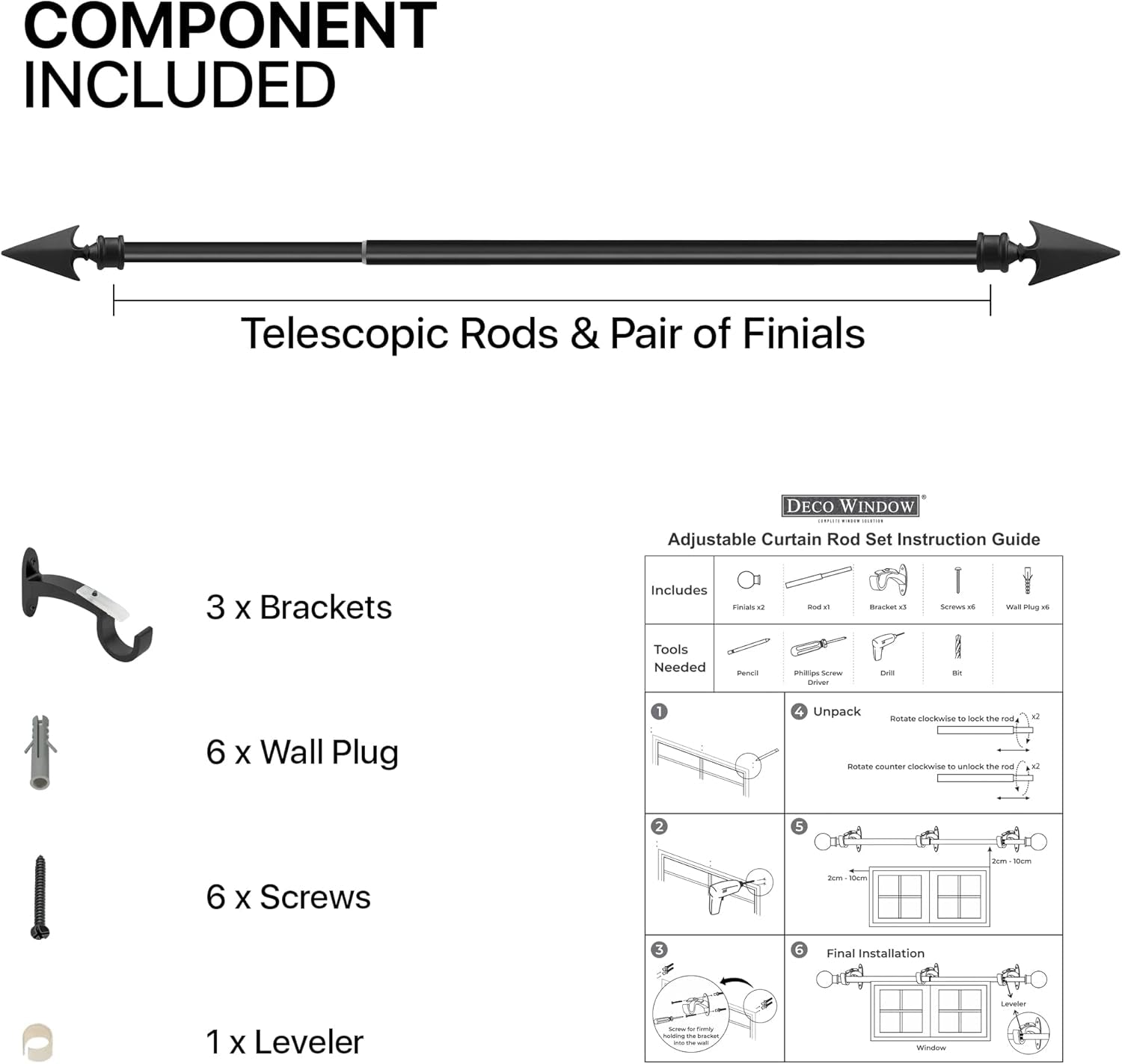 Deco  Black Arrow Curtain Rods for Windows & Doors 36 to 66 Inch Adjustable Long Drapery Rods with Flat Arrow Finials & Brackets Set, 3/4 Inch